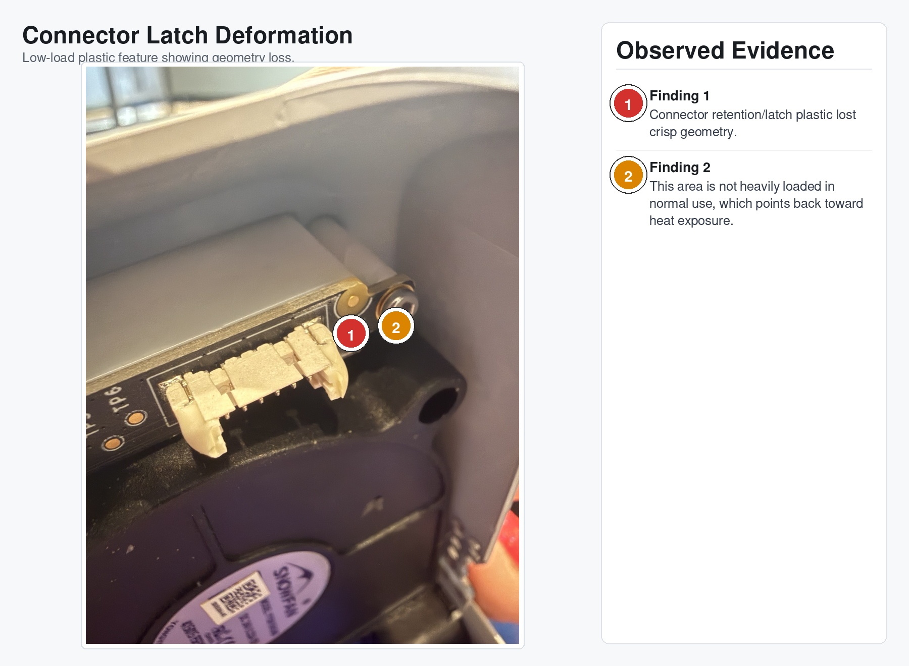 Connector latch deformation closeup showing softened or distorted retention plastic in a low-load area, supporting heat exposure as a likely contributor.