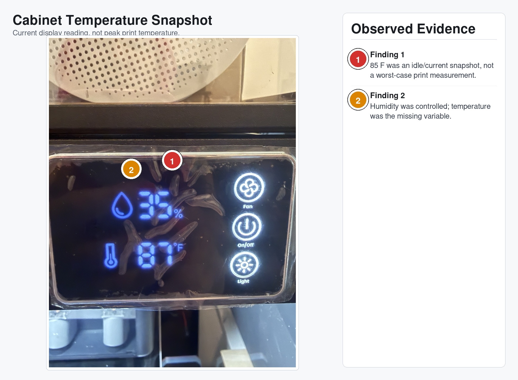 Cabinet temperature snapshot showing approximately 85F and 31 percent humidity, a current reading rather than a logged peak during a long print.