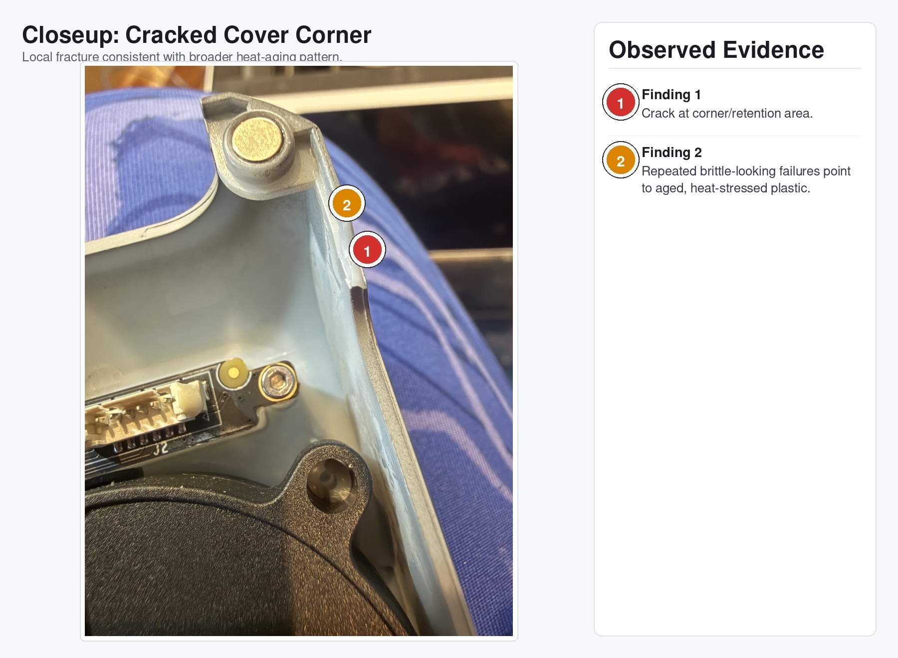 Closeup of a cracked toolhead cover corner and retention area, consistent with the broader pattern of brittle, heat-stressed plastic failures.